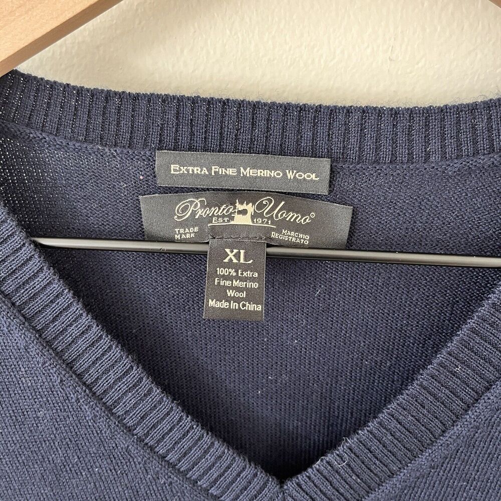 Pronto Uomo Sweater Vest Men's XL Blue 100% Merino Wool V Neck Sleeveless Casual - Picture 3 of 5